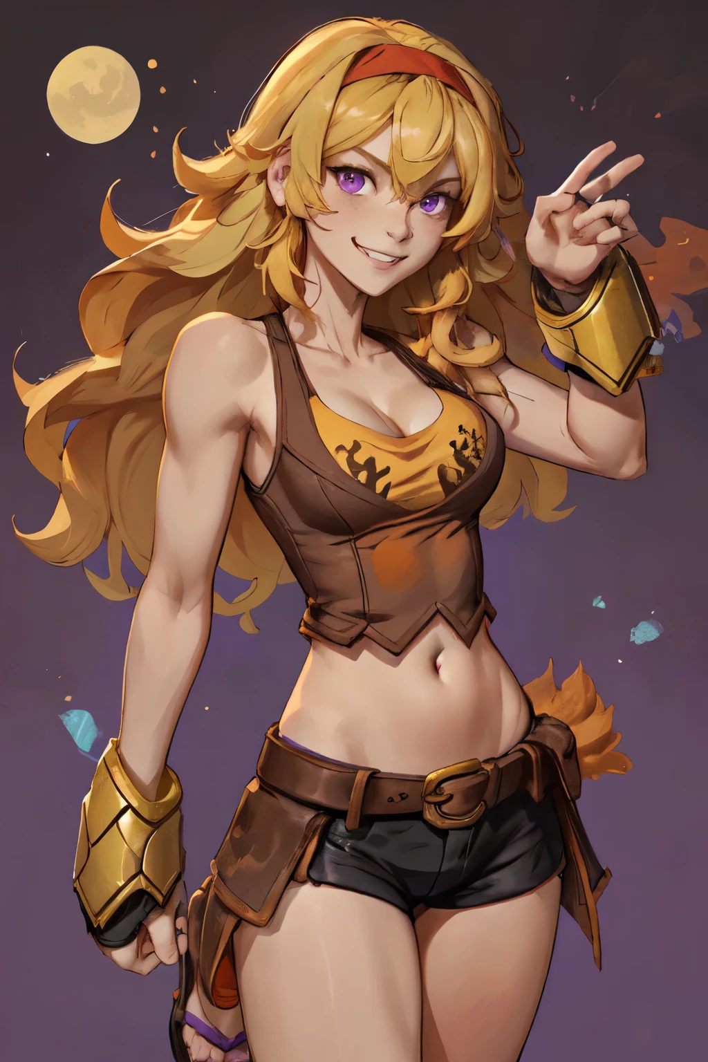 Yang xiao long,  very long blonde hai, purple eyes,  large breasts, 1girl, solo, tank top, headband, midriff, shrt shorts, sandals, belt,looking at viewer, smile, cowboy shot,  