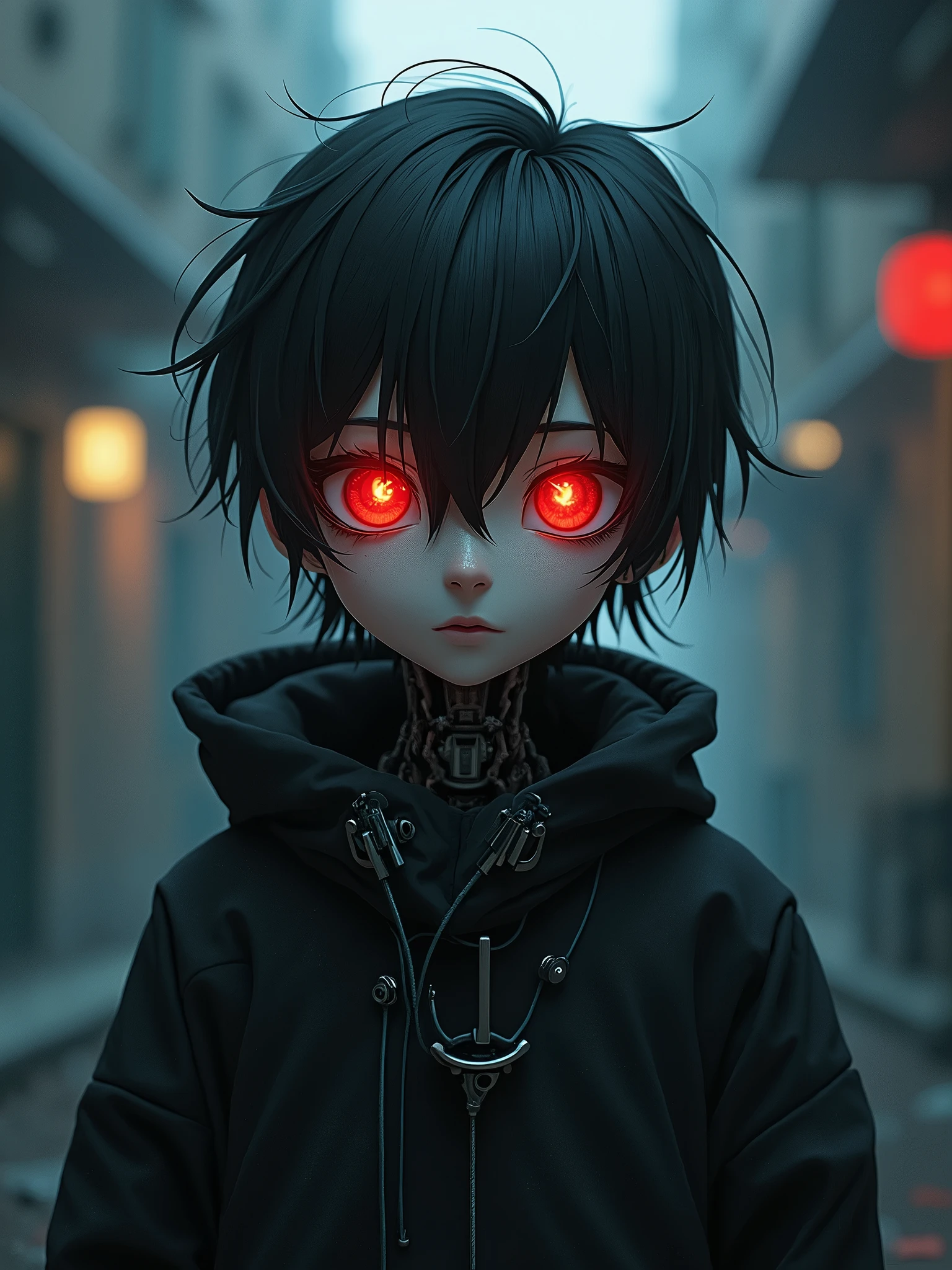 A boy with black hair he is emo and he is a ninja and his eye is red with black dots
