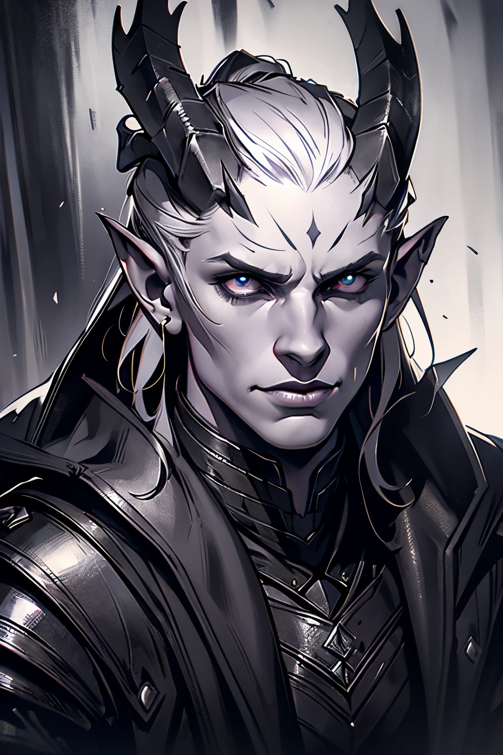Duende macho drow, rabo de cavalo cabelo prateado, com vestes clericais brancas completas, grandes olhos roxos, pele roxa escura, with a calm look and an easy smile with his mouth shut.
