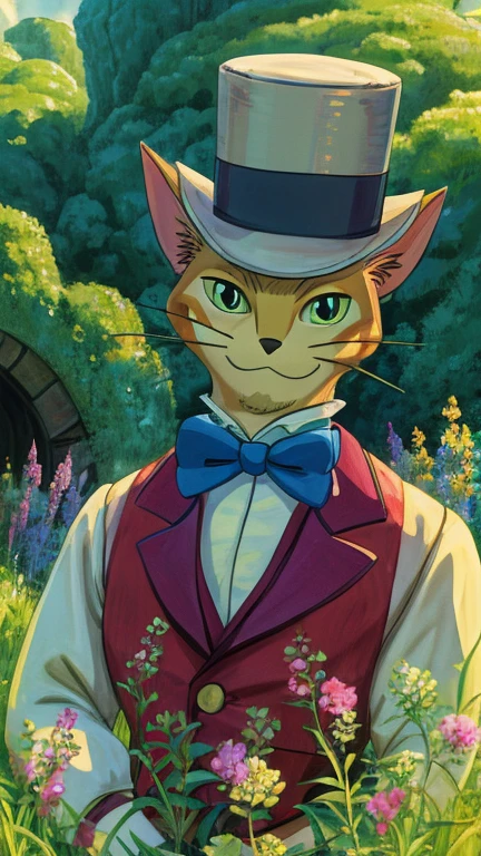 (male, solo, cat), highly insanely detailed, masterpiece, top quality, best quality, highres, 4k, 8k, RAW photo),((innocent look)),((ghibli style)),From the front, symmetrical composition,smile,cute,Innocent,Kind eyes,Flat chest,digital art Style, Ruins of forgotten old town in grass and flowers, (baron),front view, Upper body, gloves, hat, bow, bowtie, formal, suit, top hat, traditional bowtie,