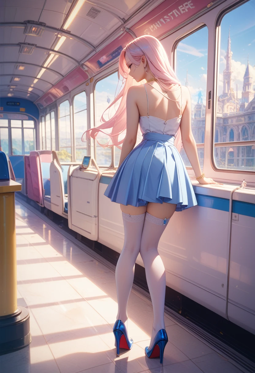 Princess Zelda, wearing black maid costume with short white shorts, extremely tight on the body, has extremely large breasts, very short pink hair, blue eyes, doing sexual pose, looking at the viewer, seductive look, manic smile, on a train crowded with people with different ethnicities, people sitting, people standing, windows, strong light, moving train, She is very happy doing sensual poses for all to see, ((Full Body):1.5)
