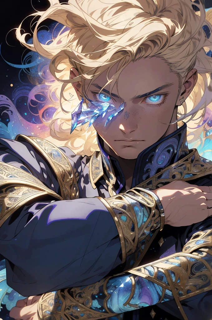Realistic, (Masterpiece, Top Quality, Best Quality, Official Art, Beauty and Aesthetics: 1.2), Very Detailed, Fractal Art, Colorful, Most Detailed, Zentangle, (Abstract Background: 1.5) (1boy: 1.3), God, Blonde Hair, Short Hair, (Glowing Blue Eyes), Pectorals, Abs, Mysterious, (Magic), Crystal, Handsome Man, Knight, (Huge Crystal Shield), (Crystal Sword)