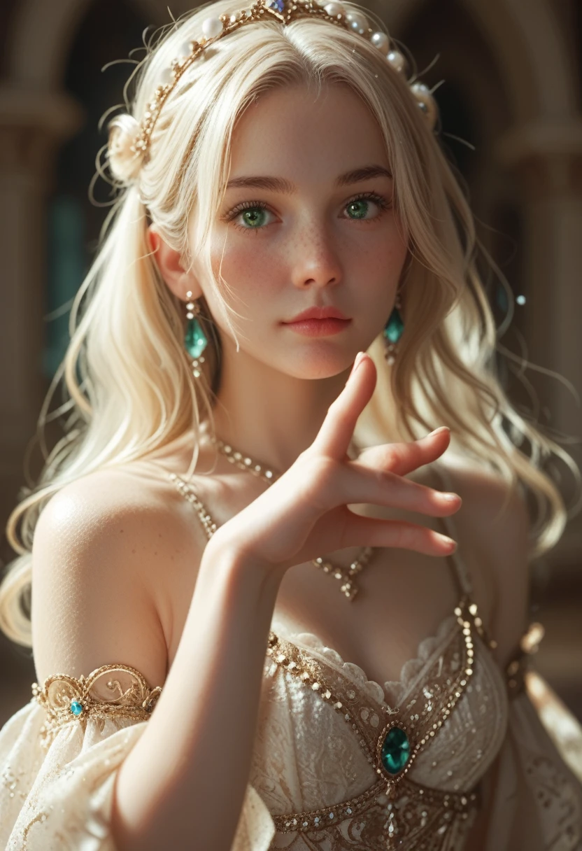 Gorgeous girl, delicate atmosphere, emerald eyes, pale white skin, sparkling pearl color, high brightness, attractive pose, mysterious, dynamic angles, fantasy, sparkling,