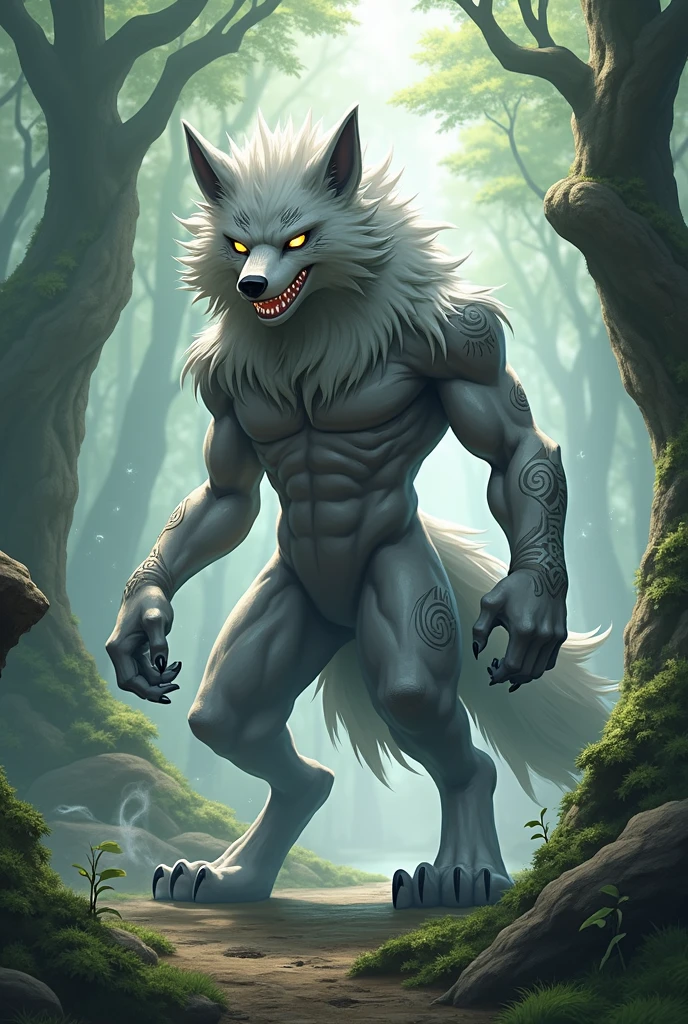 ultra-detailed, masterpiece, masterwork, high quality, best quality, hdr, japanese style, (night, bathing in waterfall), nsfw, male, solo, werewolf, (nude,), (white little body werewolf), (long hair), yellow eyes, squatting, dynamic angle, wet body, (canine penis, perfect balls)