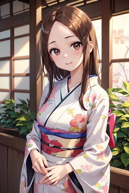 takagi-san、Shiny brown hair, Long Hair,((Medium chest、amount、Center Part:1.2))、 Beautiful brown eyes、smile、Shining Eyes, (fine grain)、Very beautiful eyes、Very detailed顔, Detailed eyes, Cowboy Shot,




((masterpiece, Best Quality, Very detailed, Very nice 8K CG wallpaper)), 
Show Viewer,Look ahead,One girl,White skin,(Wear a colorful floral kimono:1.7)、
()、(Clothes that accentuate the shape of your breasts、)、