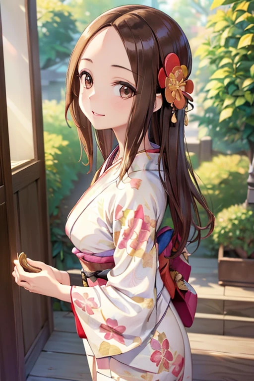 takagi-san、Shiny brown hair, Long Hair,((Medium chest、amount、Center Part:1.2))、 Beautiful brown eyes、smile、Shining Eyes, (fine grain)、Very beautiful eyes、Very detailed顔, Detailed eyes, Cowboy Shot,




((masterpiece, Best Quality, Very detailed, Very nice 8K CG wallpaper)), 
Show Viewer,Look ahead,One girl,White skin,(Wear a colorful floral kimono:1.7)、
()、(Clothes that accentuate the shape of your breasts、)、