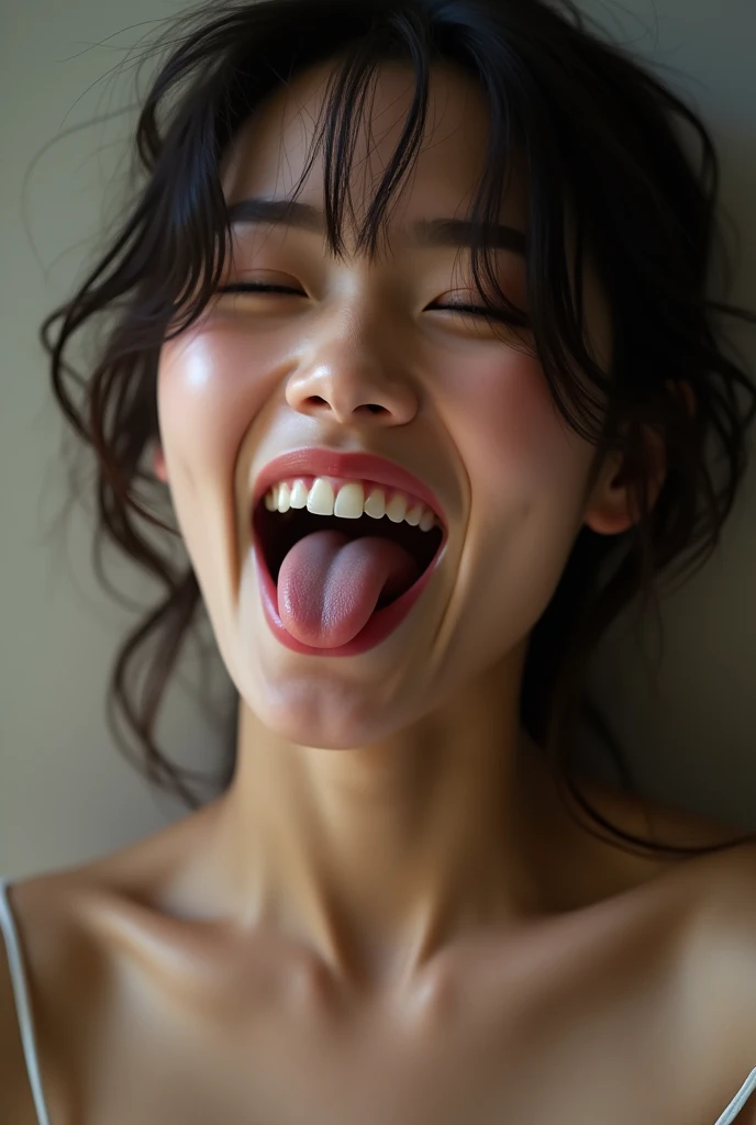 Chinese woman, sleeping pose, after swimming, natural face, no make-up,  full lips, close eyes, wide open mouth, show tooth, show tongue, milk on tongue, closeup