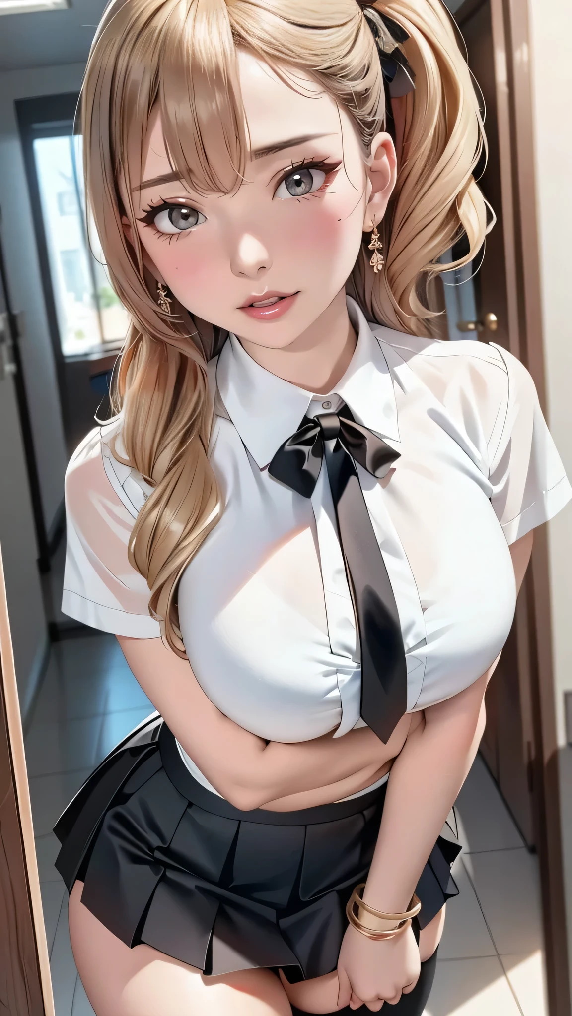 maximum resolution, ultra high definition, (delicate eyes and skin), (detailed facial features), sharp focus, cute face, perfect body, anatomically correct, Highly detailed face and skin texture, double eyelid, thin eyebrows, shiny skin, glossy lips, Very cute high school girl, low angle shot, large breasts, corridor, school, surprised, eyes wide, pupils dilated, lips parted, looking at viewer, blonde ponytail, white shirt, black pleated skirt, thigh highs, earrings, bracelets