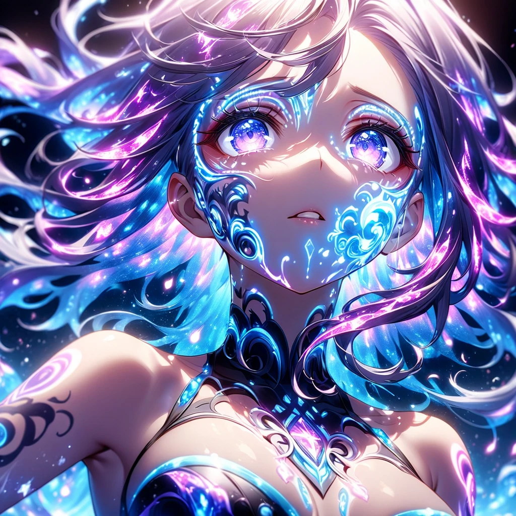 Close-up of face、Artistic anime illustration of a woman with glowing flame tentacle tattoos on her face。 The tattoo on his face is a mix of purple and dark.、It emits light。 The girl has long, flowing hair.、She is wearing a white off-the-shoulder, stomach-flattering dress.、This scene has a dreamy soft focus effect.、 It emphasizes the fantastic shine of the tattoo.、