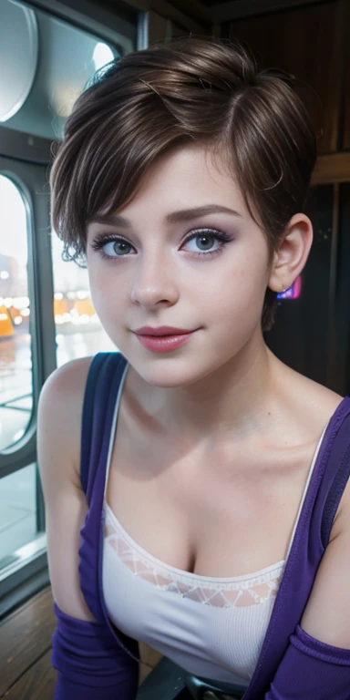 Photo of a  European girl, .RAW, beautiful woman,freckles on cheeks and chest ,beautiful blue eyes(Light brown hair pixie haircut),pixie hair cut ((portrait)), ((detailed face:1.2)), ((Detailed facial features)), (finely detailed skin), Pale skin,park, london ferris wheel、Purple sleeveless t-shirt with skull image  , lilac skirt with checkered images, Loose white belt, Long boots with heels ,cute makeup, Purple eyeshadows on eyelids ,a sexy one(cool color), humid, humid, Reflectors, (Tabletop) (perfect proportions)(Realistic photos)(The best quality) (detailed) photographed with a Canon EOS R5, 50mm lens, f/2.8, NffSW, (8k) (wallpaper) (cinematic lighting) (Dramatic lighting) (Sharp focus) (Convoluted) Nice smile , happy , playing electric guitar , medium breasts , freckles on the face and chest , beautiful teenage model  , fashion  , sombra de ojos color morado , tiene pecas en la cara  