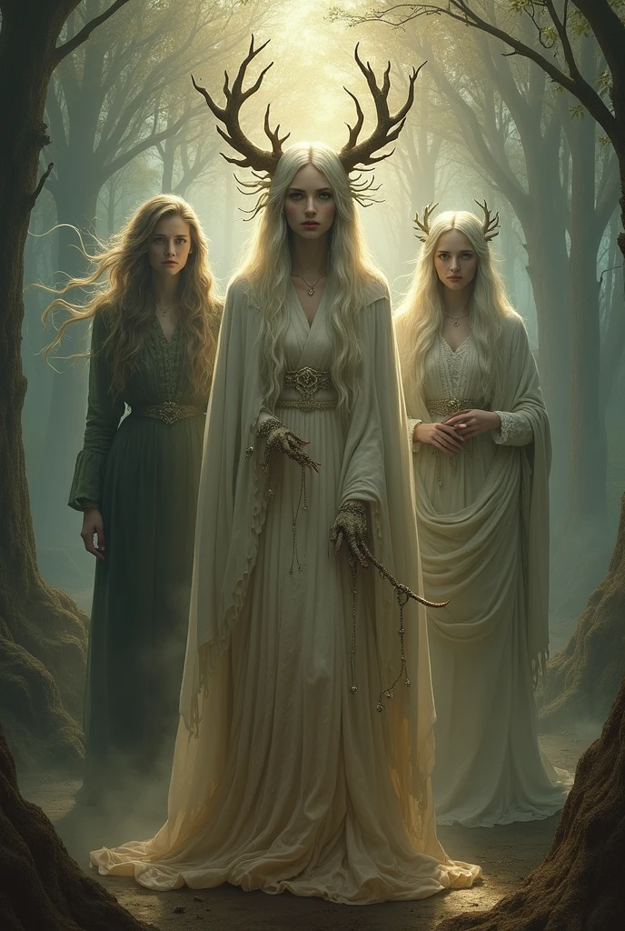 Ancient forest, mist, dramatic lighting, Jodie Comer, three women standing side by side, a shy young maiden in a long white robe, a muscular warrior with plaited hair and leather armour,  an gnarled old crone with a walking stick