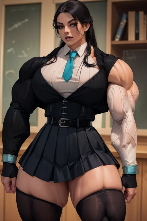 ((Close-up)), tall, (royal blue hair) beautiful muscular woman, long curly wavy hair, pale white skinned, closed smile, (black lipstick), (massive muscles), (hyper muscle), (ginormous bulky muscles), white eyes, (((long sleeve royal blue pleated shirt))), ((long black pleated skirt)), necktie, boots, on a raining rooftop,