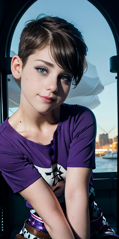 Photo of a  European girl, .RAW, beautiful woman,freckles on cheeks and chest ,beautiful blue eyes(Light brown hair pixie haircut),pixie hair cut ((portrait)), ((detailed face:1.2)), ((Detailed facial features)), (finely detailed skin), Pale skin,park, london ferris wheel、Purple sleeveless t-shirt with skull image  , lilac skirt with checkered images, Loose white belt, Long boots with heels ,cute makeup, Purple eyeshadows on eyelids ,a sexy one(cool color), humid, humid, Reflectors, (Tabletop) (perfect proportions)(Realistic photos)(The best quality) (detailed) photographed with a Canon EOS R5, 50mm lens, f/2.8, NffSW, (8k) (wallpaper) (cinematic lighting) (Dramatic lighting) (Sharp focus) (Convoluted) Nice smile , happy , playing electric guitar , medium breasts , freckles on the face and chest , beautiful teenage model  , fashion  , sombra de ojos color morado , tiene pecas en la cara , ltiene ropa de invierno , nieve , parque nevado , atardecer , jardín 