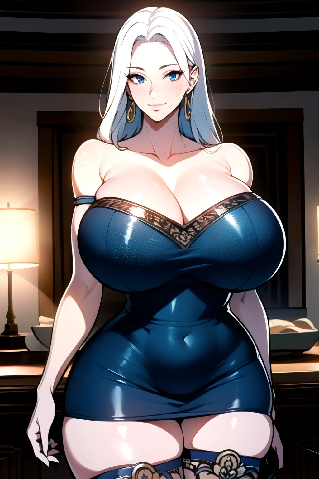 ultra realistic 8k cg, masterpiece, ((ultra detailed background,  intricate detail, highly detailed, fine details best quality, hyperdetailed face)), gigantic breasts ,beautiful lighting, absurdres, BoaHancockV2,  1girl, solo, (white hair : 1.3), long hair, jewelry, closed mouth, ), cleavage, (minidress:1.4), (bare shoulders:1.4), (strapless:1.4),, thigh boots, bare shoulders,, bare shoulders, curvy, midriff, curvy, thighs, shiny clothes), blue eyes, complex detailed background, indoor, palace), ((cowboy shot)), curvy, (gigantic breasts: 1.3), seductive smile, cowboy shot, earrings, jewelry