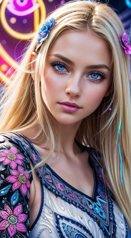 Blue Eyes, beautidful eyes, extremely detailed eyes and face, Beautiful detailed eyes, Ultra-detailed, light on the face, blonde hairs, Blonde hair, Fair skin, Masterpiece, Top  Quality, Best Quality, Official Art, Beautiful and aesthetic:1.2), (1Girl:1.3), Extremely detailed,(fractal art:1.1)neons,(colourfull:1.1)neons(Flowers:1.3)neons,highest details,(zentangle:1.3)neons, (Dynamic Pose), (abstract background:1.3) neons, (sparkly skin), (many colors:1.4)neons, (leaky:1.5), neon lit