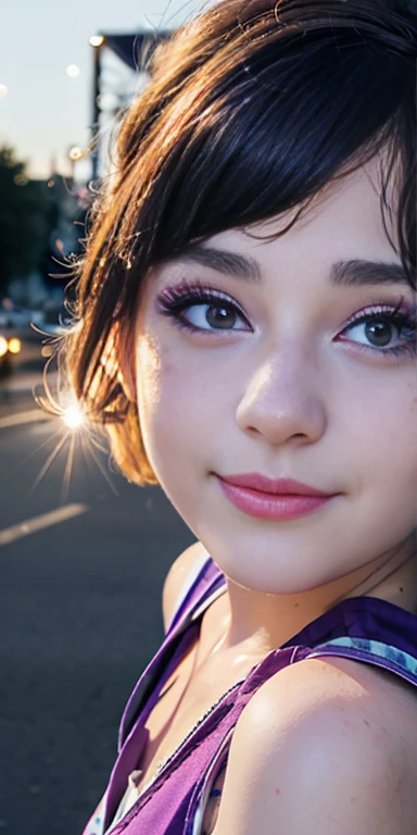 Photo of a  European girl, .RAW, beautiful woman,freckles on cheeks and chest ,beautiful blue eyes(Light brown hair pixie haircut),pixie hair cut ((portrait)), ((detailed face:1.2)), ((Detailed facial features)), (finely detailed skin), Pale skin,park, london ferris wheel、Purple sleeveless t-shirt with skull image  , lilac skirt with checkered images, Loose white belt, Long boots with heels ,cute makeup, Purple eyeshadows on eyelids ,a sexy one(cool color), humid, humid, Reflectors, (Tabletop) (perfect proportions)(Realistic photos)(The best quality) (detailed) photographed with a Canon EOS R5, 50mm lens, f/2.8, NffSW, (8k) (wallpaper) (cinematic lighting) (Dramatic lighting) (Sharp focus) (Convoluted) Nice smile , happy , playing electric guitar , medium breasts , freckles on the face and chest , beautiful teenage model  , fashion  , sombra de ojos color morado , tiene pecas en la cara , tiene ropa de invierno , ropa invernal , nieve , parque nevado , atardecer , jardín 