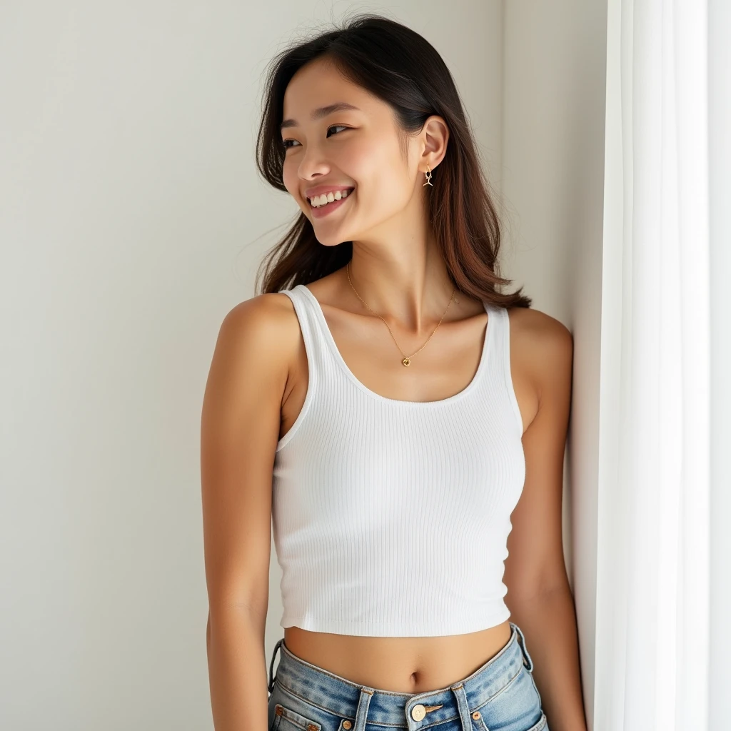 (Highest quality:1.5), (Real:1.4), (Ultra high definition:1.4), (No correction:1.4), (33 year old chubby housewife), (1 Japanese chubby woman with small breasts in thirty-three years old), (chubby body), (small breasts), round face, (Beautiful skin), (bangs:1.1), (Plain T-shirt), (Denim pants), (chubby housewife is standing in the living room), (33 years old small breasts housewife with plain T-shirt and denim pants is standing in the living room), (front view of a woman:1.1), (Living room at home), (Upper Body), (smile), (Turn your body forward:1.1), (chubby), (small breasts), (upright:1.1), (Portrait:1.1)