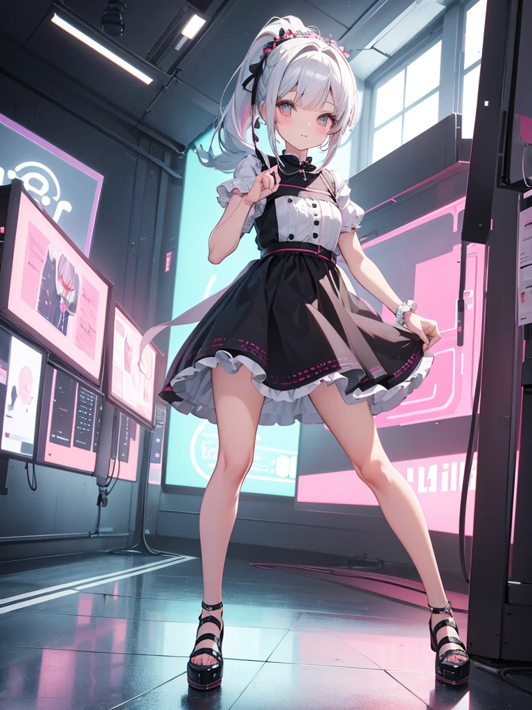 1girll，Personal illustrator，leg loops，leg holsters，mitts，very intricate，Exquisite，Complex hairstyles，Purple skirt，frilld，short  skirt，Bow knot，Cross straps，bandagens，Y2K，E-girls，Emotional，non-mainstream，Gray hair，Love decoration，subculture，Sick，laughingly，Avant-garde and innovative clothing design，Black fishnet socks，waist chains，platform footwear，Glowing ornaments，Long boot leg covers，thongs，cyber punk perssonage