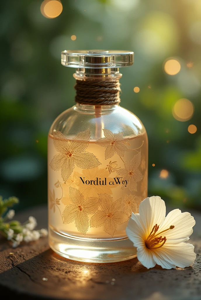 TF brand women's perfume bottle,Display exquisite bottle design and shining logo,The background is vanilla and water,sparkling,Perfume on water self-illuminating global illumination super complex shadows of lights vanilla flowers,river surface,香水在sparkling的river surface上,Oud agarwood,
