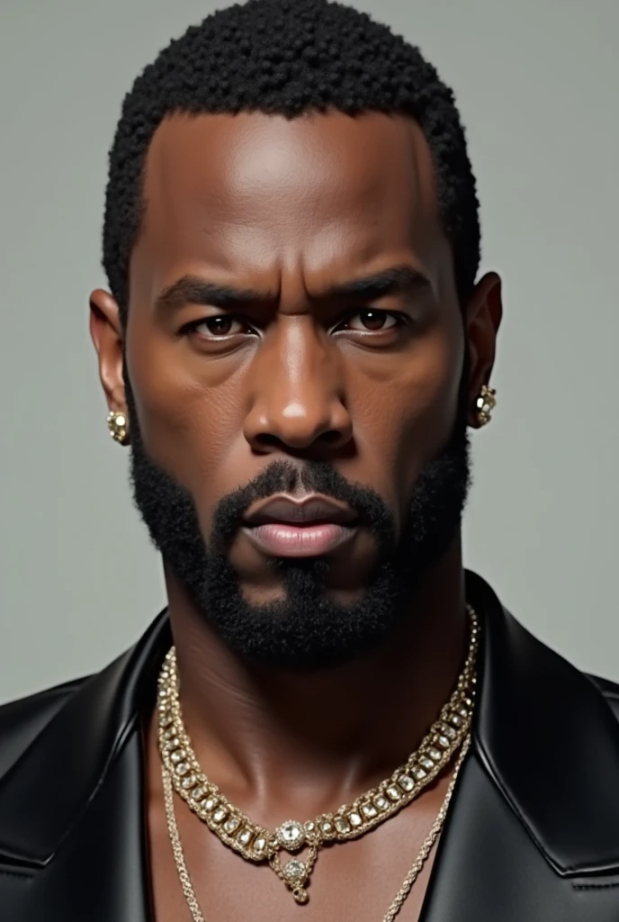 Best Quality, Perfect face, without errors, Perfect eyes, realistic photo, studio lighting, Black handsome man with a gold name necklace "king" tattoos on the body. muscular, with a bushy beard, earring short hair.