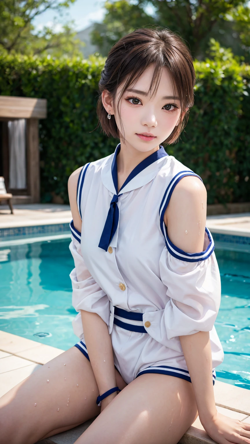 Browsing Caution, 8K RAW Photos, ((Sailor suit))Highest quality, masterpiece,Cute face、dual、 Laughter、Cute face、Ultra-high resolution, Film Grain, movie, One Girl, Looking at the audience, Natural skin texture, Realistic eye and facial details, Perfect teeth alignment、Perfect eyes and a perfect mouth、、White panties、Lips parted, Lips,Raindrops、Clothes are disheveled、Esbian all over,Photographed from the knees up、