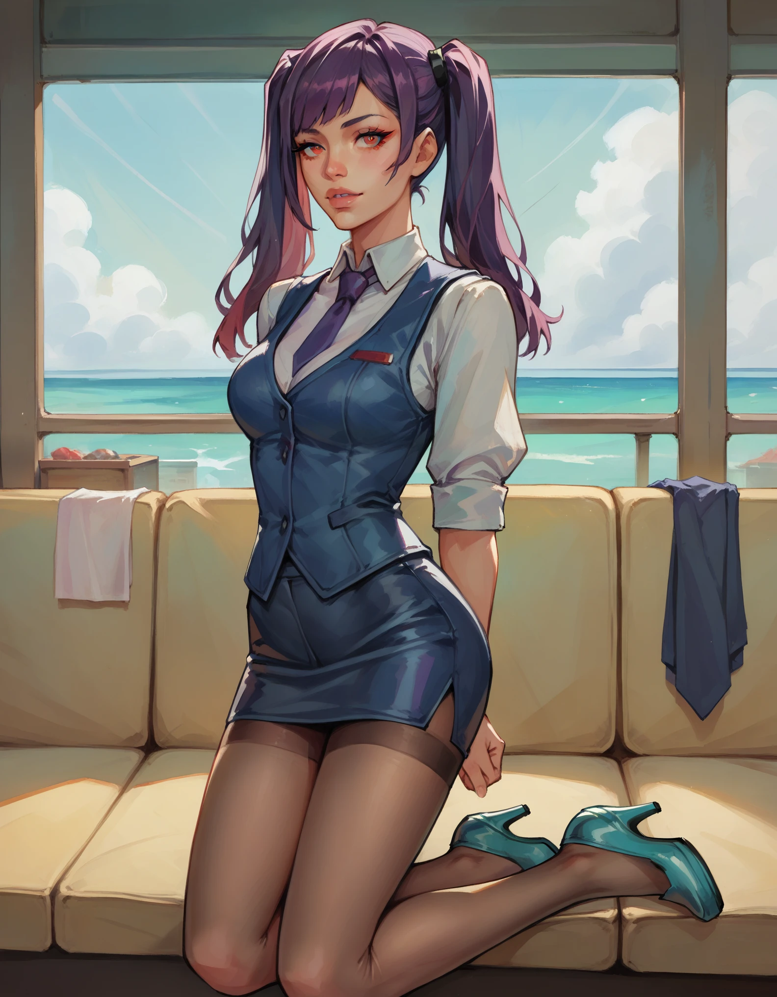 8k, arms behind back, slim figure, flat bust, Light blue eyelashes, high-heels, dark skirt, seductiv, Charming, red eyes, dark purple hair, jill stingray, necktie, pantyhose, skirt, vest, white shirt, cyberpunk styled bar, masterpiece, (SuperQuality:1.2), 2 long ponytails, traditional media