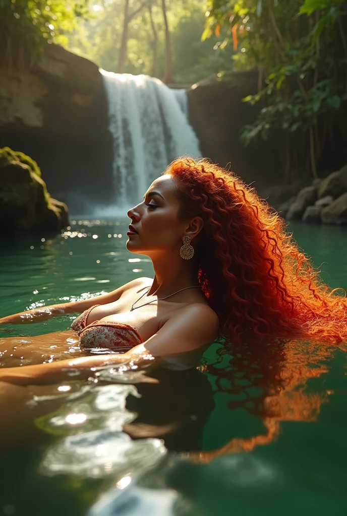 painting of a Polynesian woman with red hair in front of a waterfall, an oil on canvas painting inspired by Fernando Amorsolo, tumblr, hyperrealism, photorealistic oil on canvas, realistic oil on linen, oil on canvas painting, 4k oil on linen, extremely detailed oil portrait, oil painting of realistic woman, detailed oil painting portrait, oil on canvas detailed