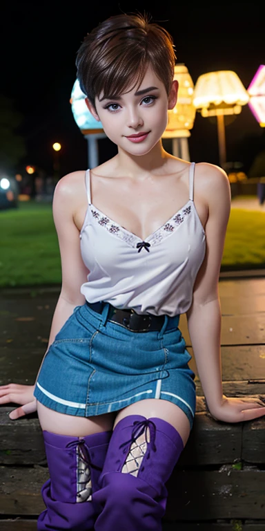 Photo of a  European girl, .RAW, beautiful woman,freckles on cheeks and chest ,beautiful blue eyes(Light brown hair pixie haircut),pixie hair cut ((portrait)), ((detailed face:1.2)), ((Detailed facial features)), (finely detailed skin), Pale skin,park, london ferris wheel、Purple sleeveless t-shirt with skull image  , lilac skirt with checkered images, Loose white belt, Long boots with heels ,cute makeup, Purple eyeshadows on eyelids ,a sexy one(cool color), humid, humid, Reflectors, (Tabletop) (perfect proportions)(Realistic photos)(The best quality) (detailed) photographed with a Canon EOS R5, 50mm lens, f/2.8, NffSW, (8k) (wallpaper) (cinematic lighting) (Dramatic lighting) (Sharp focus) (Convoluted) Nice smile , happy , playing electric guitar , medium breasts , freckles on the face and chest , beautiful teenage model  , fashion  , sombra de ojos color morado , tiene pecas en la cara , tiene ropa de invierno , ropa invernal , nieve , parque nevado , atardecer , jardín 