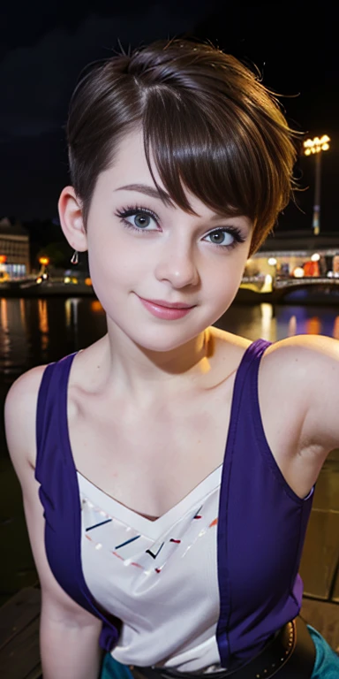 Photo of a  European girl, .RAW, beautiful woman,freckles on cheeks and chest ,beautiful blue eyes(Light brown hair pixie haircut),pixie hair cut ((portrait)), ((detailed face:1.2)), ((Detailed facial features)), (finely detailed skin), Pale skin,park, london ferris wheel、Purple sleeveless t-shirt with skull image  , lilac skirt with checkered images, Loose white belt, Long boots with heels ,cute makeup, Purple eyeshadows on eyelids ,a sexy one(cool color), humid, humid, Reflectors, (Tabletop) (perfect proportions)(Realistic photos)(The best quality) (detailed) photographed with a Canon EOS R5, 50mm lens, f/2.8, NffSW, (8k) (wallpaper) (cinematic lighting) (Dramatic lighting) (Sharp focus) (Convoluted) Nice smile , happy , playing electric guitar , medium breasts , freckles on the face and chest , beautiful teenage model  , fashion  , sombra de ojos color morado , tiene pecas en la cara , tiene ropa de invierno , ropa invernal , nieve , parque nevado , atardecer , jardín 