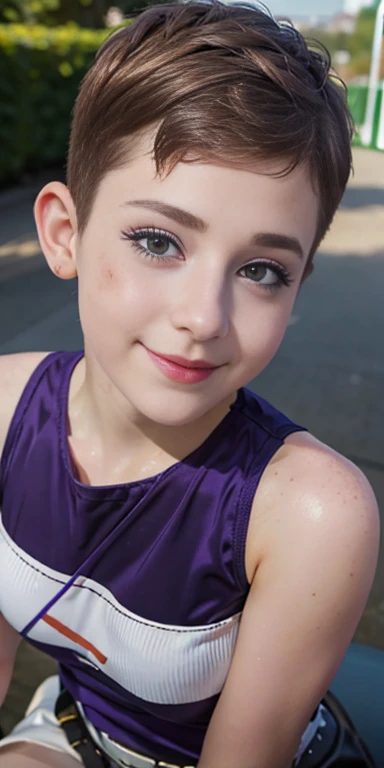 Photo of a  European girl, .RAW, beautiful woman,freckles on cheeks and chest ,beautiful blue eyes(Light brown hair pixie haircut),pixie hair cut ((portrait)), ((detailed face:1.2)), ((Detailed facial features)), (finely detailed skin), Pale skin,park, london ferris wheel、Purple sleeveless t-shirt with skull image  , lilac skirt with checkered images, Loose white belt, Long boots with heels ,cute makeup, Purple eyeshadows on eyelids ,a sexy one(cool color), humid, humid, Reflectors, (Tabletop) (perfect proportions)(Realistic photos)(The best quality) (detailed) photographed with a Canon EOS R5, 50mm lens, f/2.8, NffSW, (8k) (wallpaper) (cinematic lighting) (Dramatic lighting) (Sharp focus) (Convoluted) Nice smile , happy , playing electric guitar , medium breasts , freckles on the face and chest , beautiful teenage model  , fashion  , sombra de ojos color morado , tiene pecas en la cara , tiene ropa de invierno , ropa invernal , nieve , parque nevado , atardecer , jardín 