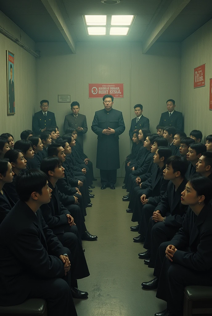 North Korean dictator Jon Jon centered in the image with an evil look and in the background there are nuclear missiles