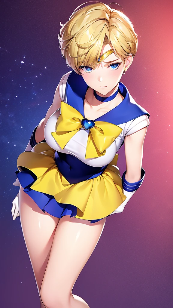 Sailor Uranus, 1 girl, Blonde, Short Hair, blue eyes, Fine grain, Simple Background, Focus on women, Alone, Standing, Haruka Teno, Full body portrait, (masterpiece:1.0), (Best Quality:1.0) , (wallpaper 8k:1.0), (Detailed and beautiful face:1.0), (Deep eyes with attention to detail), Deep eyes are looking, Sailor Scouts, Yellow ribbon on chest, Blue Skirt, White gloves,