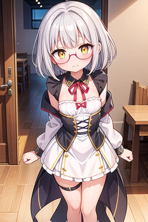 ​masterpiece, top-quality,1girl in, 独奏, bangss, Left Hair Ribbon, (small tits:1.4), Akame, short-hair, A smile, 独奏, white  hair, (Strapless:1.1), (off shoulders:1.1), (cowboy  shot:1.2), sity, (校服:1.2), (partially_Unbuttoned:1.1), (Chest:1.2), skirt by the, (Crooked chest:1.2),toppless、bespectacled、nursing、an ecstatic look on one's face、Sweaty、M-shaped legs、Loss of virginity、Virgin penetration