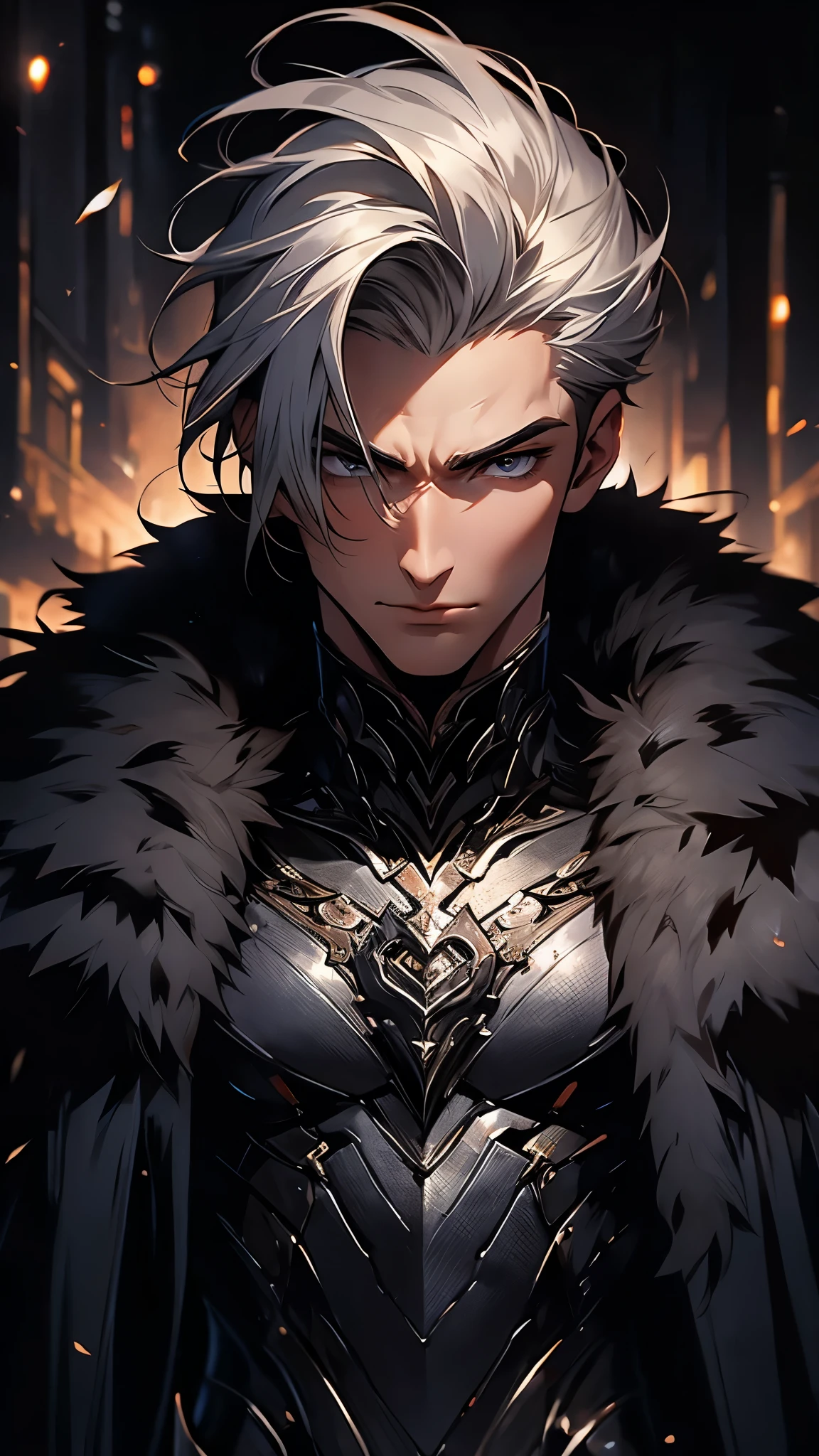 male, Long, unkempt silver hair, White fur cape, Yellow Eyes, Adult face, Adult, armored bare chest, Fantasy, elite fighter, Licking fingers