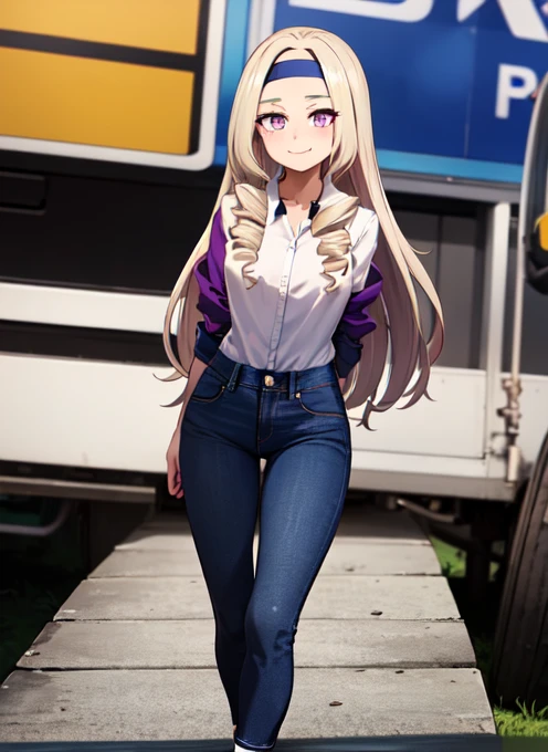 ((best quality)), ((highly detailed)), absurdres, (detailed eyes, deep eyes), (1girl), reflection, on knees, Yu Takeyama, long hair, blonde hair, drill hair, purple eyes, wide hips, breasts, smiling, racing jacket, jeans, pants, white shirt, sneakers, headband, (teku word, on headband)