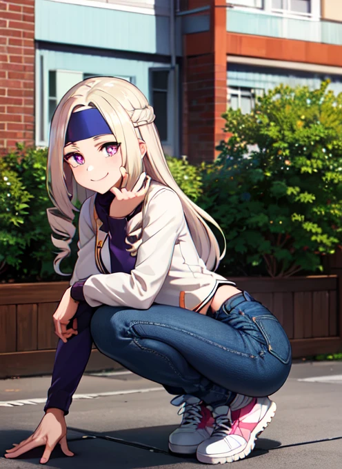 ((best quality)), ((highly detailed)), absurdres, (detailed eyes, deep eyes), (1girl), reflection, on knees, Yu Takeyama, long hair, blonde hair, drill hair, purple eyes, wide hips, breasts, smiling, racing jacket, jeans, pants, white shirt, sneakers, headband, (teku word, on headband)