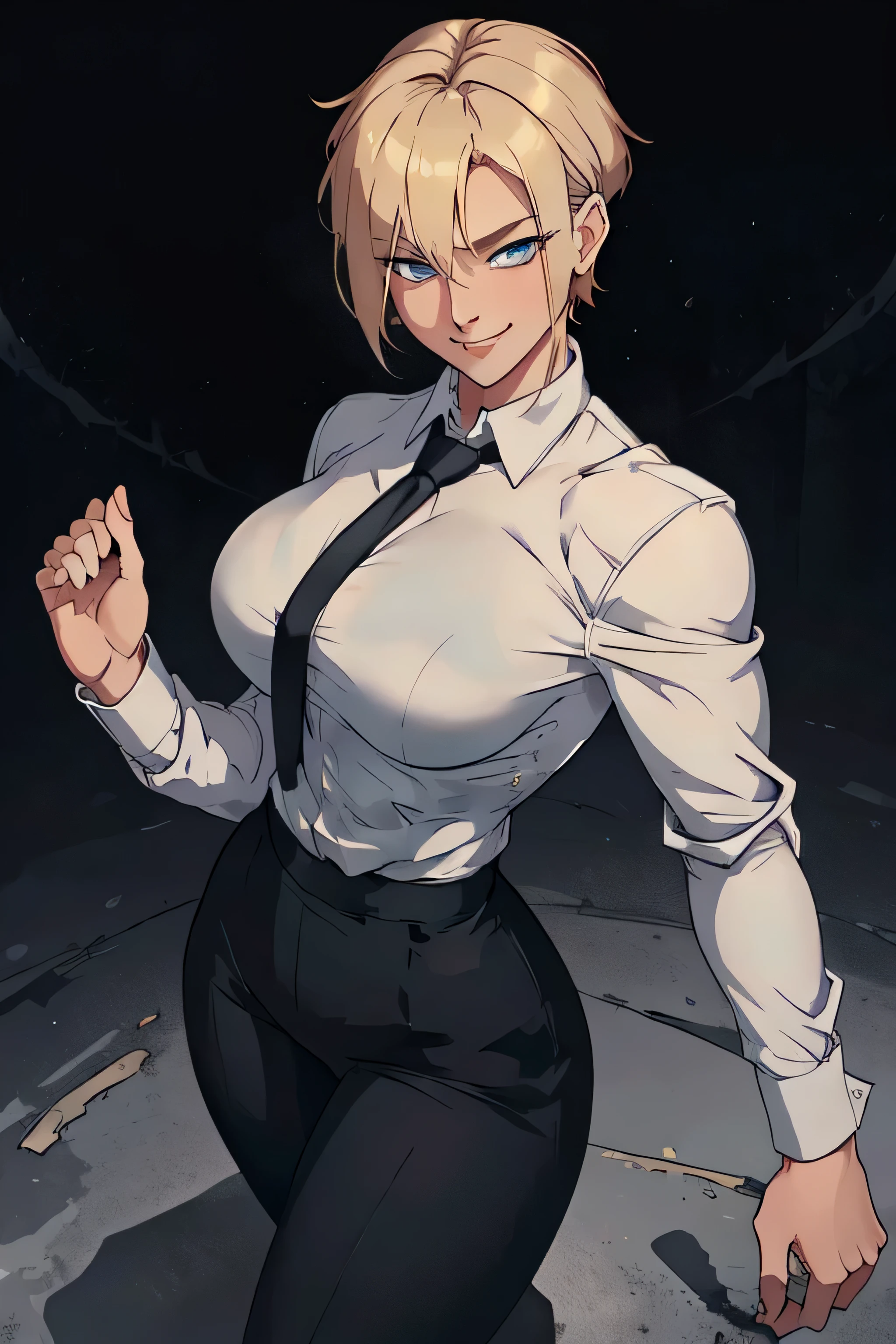 Girl with short blonde hair, blue eyes, wearing A white dress shirt, breasts, with a black tie, defined body, wearing black dress pants, defined waist, hips, collared shirt, Ripped white shirt Smiling in fighting position