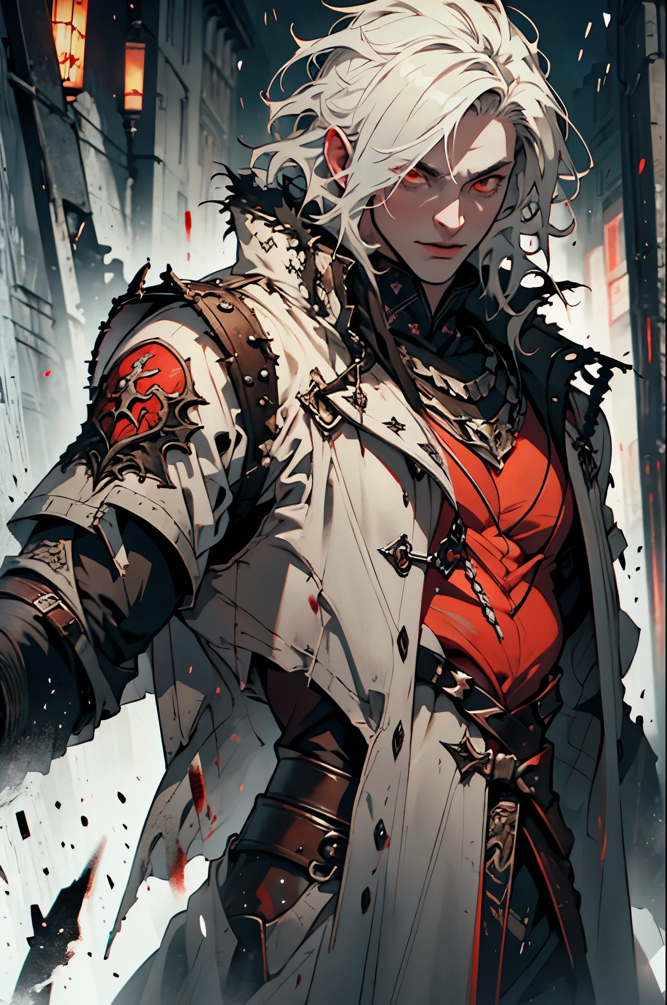 a man with short white hair, white overcoat with fur, beautiful detailed bloodshot red eyes, beautiful detailed lips, extremely detailed vampiric face, battle pose, cinematic lighting, dramatic pose, hyper detailed, intricate details, (best quality,highres,masterpiece:1.2),ultra-detailed,dark fantasy,moody atmosphere,dramatic lighting,dramatic shadows,cinematic composition, anime artstyle, d&d artwork