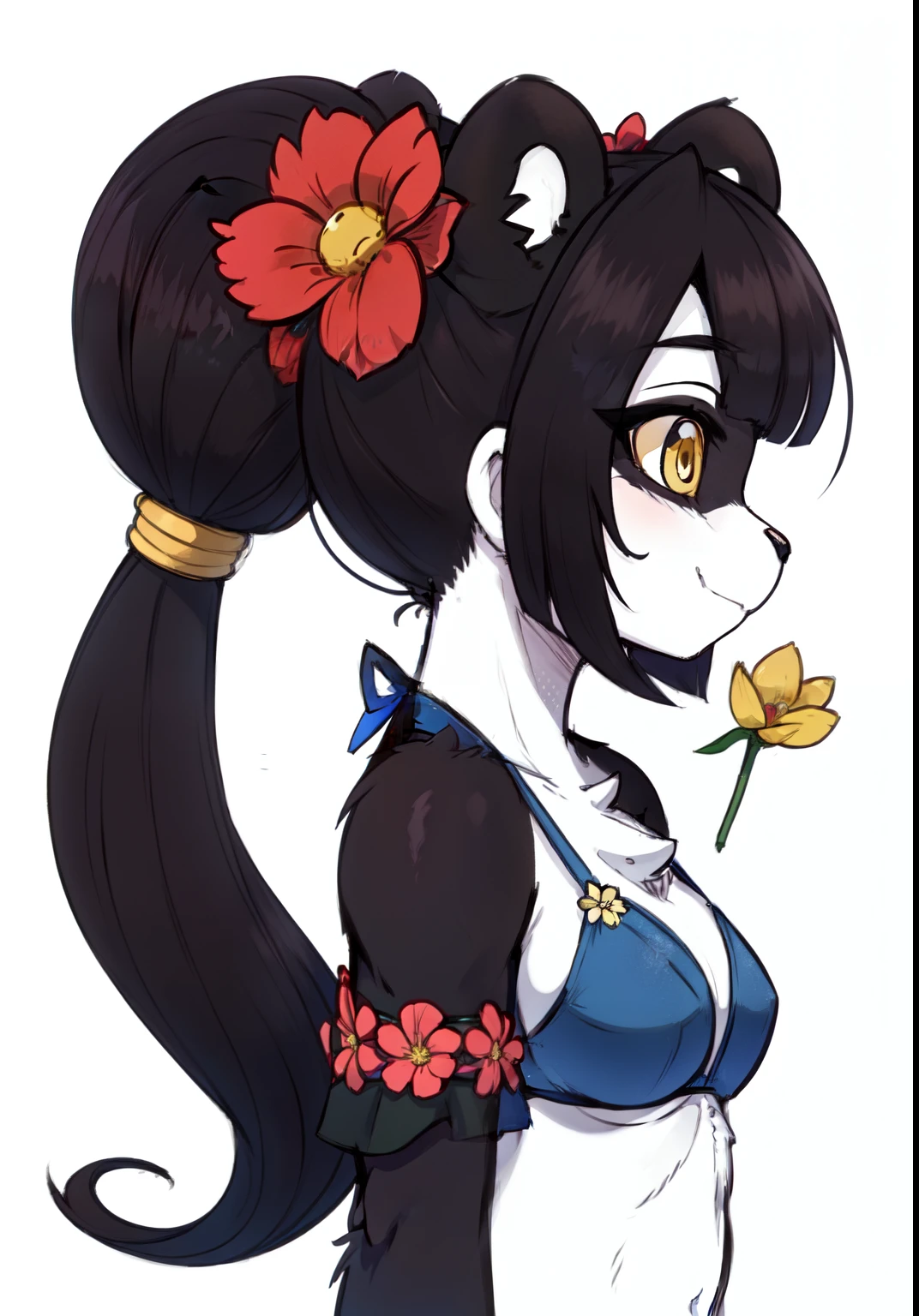 score_9,score_8_up,score_7_up, source_cartoon, source_furry, furry girl, panda, black hair, open bangs, long ponytail, anime style, small breasts, yellow eyes, ((blue bikini, flower hairpin)), high quality, detailed body, detailed eyes, detailed face, masterpiece, glistening body, detailed body fur, best quality, two tone body fur, black body fur, white body fur, :3, black panda eyeshadows, panda ears, skinny, gorgeous body, thick outline, anthropomorphic, countershading, ((white background, simple background)), profile portrait, lateral pose,
