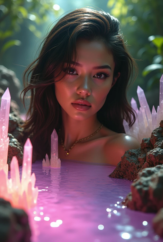 shot by Sony a7 IV Mirrorless Camera, natural light, analog film photo, Kodachrome ,in a magical crystal world , a woman is sitting near a waterfall on a full moon night , sparkling and glittering glowing particles in the air , soft bluish glow, sexy girl