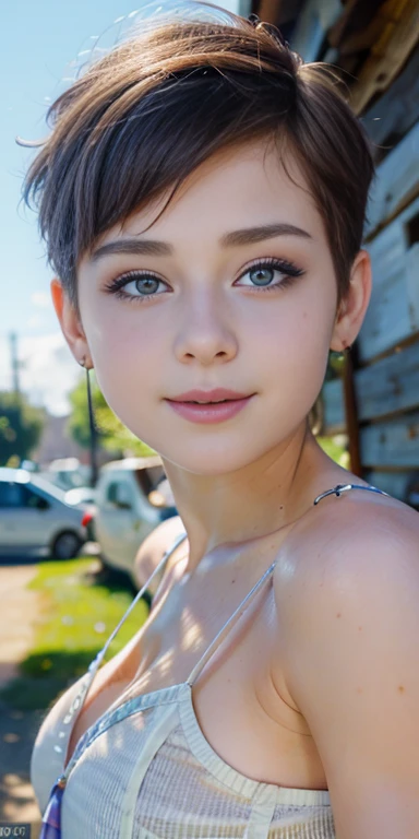 1 white tomboy european girl, short Butterfly Cut hair, purple hair, messy hair, big eyelashes, full body photo, perfect bright blue eyes, 8k photo, tattoos, slim body, realistic,, arm full of tattoos, oiled up body, high details, soap foam, cute face, teen girl, slander, best quality, photorealistic, topless, perfect eyes, tomboy skinny, freckles, fringes, tomboy, looking up, bow tie, smiling, red lips, red lipsticks, naked, leaning on a wall, licking, sitting on stairs