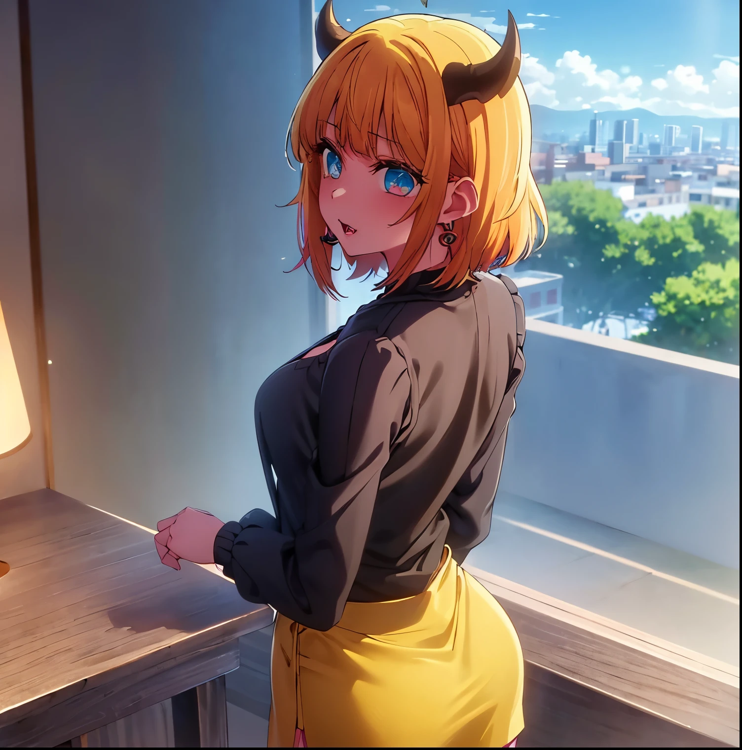 (La mejor calidad, Obra maestra:1.2), 1 girl, boca abierta, lengua perfecta, lengua fuera, (small breasts:1.4), cuernos de cabra en la cabeza, helpless girl, Chica sumisa, cabello amarillo, pelo corto, Hermosos ojos, ojos vendados, desnudo, piernas abiertas, Falda arriba, falda transparente, minifalda, dedo del pie de camello, a hand in the pussy, Meando, fondo en edificio abandonado,