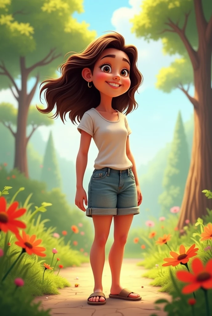 Animated cartoon woman character, with purple shirt and blue shorts, nice smile and golden eyes, 2D with green background
