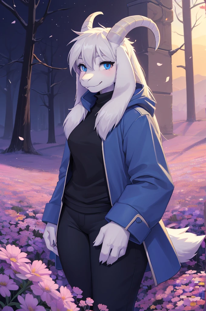 woman,  adult, alone, in a field of flowers, furry, goat, anthropomorphic goat, Asriel, Undertale ((Asriel Dreemurr)), medium large breasts, big ass, wide hips, perfect female body, tall, ((long hair , long white hair, straight hair )), blue eyes, anthropomorphic face, cartoon, smile, Eskimo coat ((blue coat, no drawing, Eskimo coat)), metacarpal paw, black blouse ((black shirt, black pants )), goat's tail, short horns, white horns ((droopy ears, big ears)), goat's paw, anthropoporphic paw, detailed, best quality, best detail, details and quality.