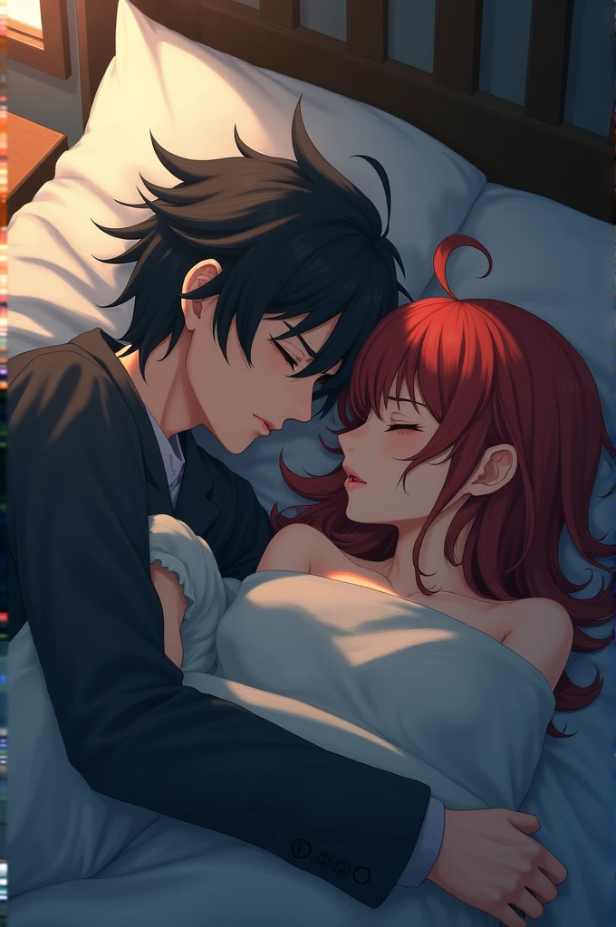 girl with2a person A dark-haired Longhaire short-cut a bed embracing each other the kiss