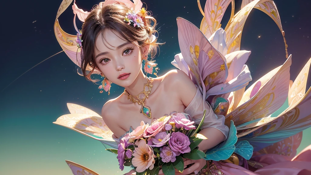 32K, 最高quality, 最高masterpiece, (ultra-Detailed Background, Detailed Background), Absurd, High resolution, Super detailed, Very detailedな, One girl, (bouquet:1.3), (Tangled:1.2), (Geometric:1.2),(colorful),(masterpiece, quality, best quality, Official Art, Beautiful and beautiful:1.2), (1 girl:1.3), Very detailed,(colorful:1.1)(Flowers:1.3),Most detailed,(Tangled:1.2), whole body, (Abstract background:1.3), (Skin glows), (Many colors:1.4), ,(Earrings Feather:1.5), Pale Purple Background,