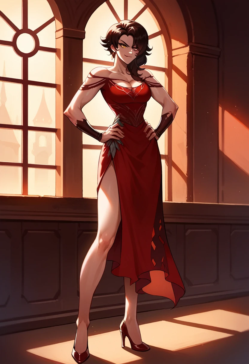 1 girl, Cinder Fall, RWBY, Red dress, shoulder less dress, cleavage window, large breads, heels, hands on her hips, seductive smirks