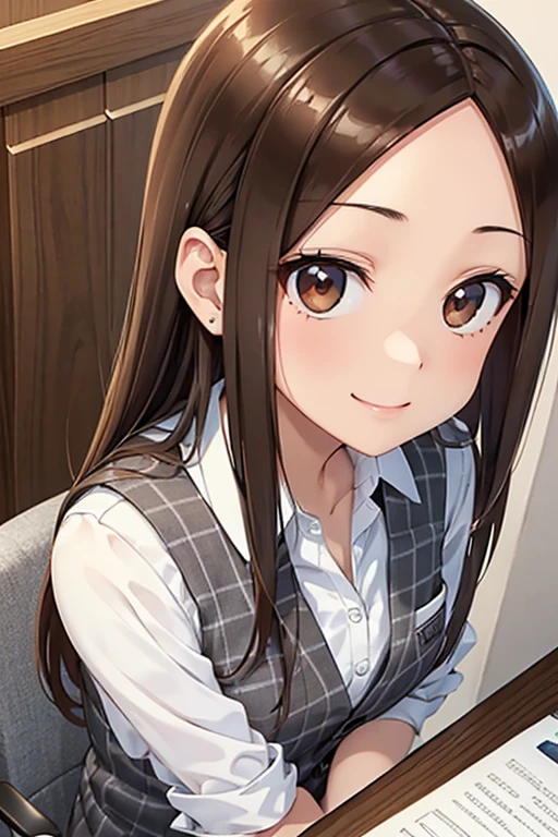 takagi-san、Shiny brown hair, Long Hair,((Medium chest、amount、Center Part:1.2))、 Beautiful brown eyes、smile、Shining Eyes, (fine grain)、Very beautiful eyes、Very detailed顔, Detailed eyes, Cowboy Shot,




((masterpiece, Best Quality, Very detailed, Very nice 8K CG wallpaper)), 

Only one female, Sitting, (look up) (From above), Office Workers, ((White and grey checked vest:1.1) Over a white dress shirt), Mature Woman,, 優しいsmile, (masterpiece Best Quality:1.2) Delicate illustrations, super detailed,  Bowtie BREAK (Modern Office) indoor, (Reception Desk), (Stylish company logo on the wall) , Detailed Background