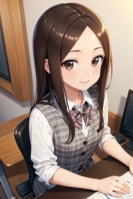 takagi-san、Shiny brown hair, Long Hair,((Medium chest、amount、Center Part:1.2))、 Beautiful brown eyes、smile、Shining Eyes, (fine grain)、Very beautiful eyes、Very detailed顔, Detailed eyes, Cowboy Shot,




((masterpiece, Best Quality, Very detailed, Very nice 8K CG wallpaper)), 

Only one female, Sitting, (look up) (From above), Office Workers, ((White and grey checked vest:1.1) Over a white dress shirt), Mature Woman,, 優しいsmile, (masterpiece Best Quality:1.2) Delicate illustrations, super detailed,  Bowtie BREAK (Modern Office) indoor, (Reception Desk), (Stylish company logo on the wall) , Detailed Background