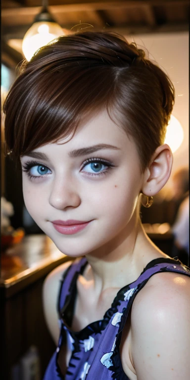 Photo of a  European girl, .RAW, beautiful woman,freckles on cheeks and chest ,beautiful blue eyes(Light brown hair pixie haircut),pixie hair cut ((portrait)), ((detailed face:1.2)), ((Detailed facial features)), (finely detailed skin) ,cute makeup, Purple eyeshadows on eyelids ,a sexy one(cool color), humid, humid, Reflectors, (Tabletop) (perfect proportions)(Realistic photos)(The best quality) (detailed) photographed with a Canon EOS R5, 50mm lens, f/2.8, NffSW, (8k) (wallpaper) (cinematic lighting) (Sharp focus) (Convoluted) Nice smile , happy , medium breasts , freckles on the face and chest , beautiful teenage model  , fashion  , sombra de ojos color morado , tiene pecas en la cara , ropa de cowgirl , ropa vaquera , nieve , parque nevado , atardecer , jardín , cuerpo completo , full body